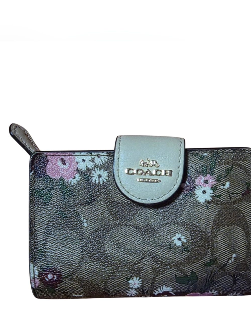 Coach Medium Corner Zip Wallet Signature Canvas Floral Print Pink